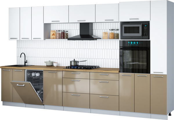 Изображение товара Кухонный гарнитур Интерлиния Мила Gloss 3.6-ПМ3 (капучино глянец/белый/дуб бунратти)