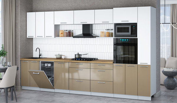 Изображение товара Кухонный гарнитур Интерлиния Мила Gloss 3.6-ПМ3 (капучино глянец/белый/дуб бунратти)