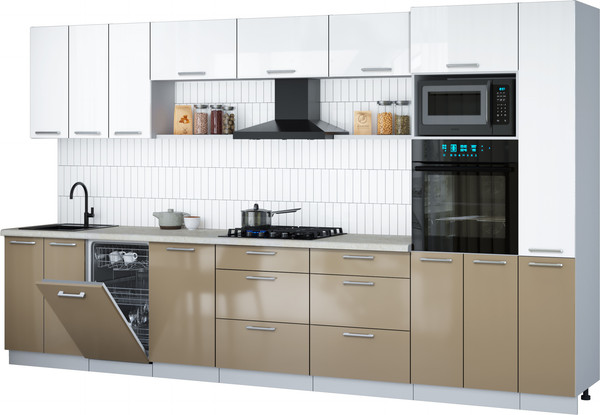 Изображение товара Кухонный гарнитур Интерлиния Мила Gloss 3.6-ПМ3 (капучино глянец/белый глянец/опал светлый)