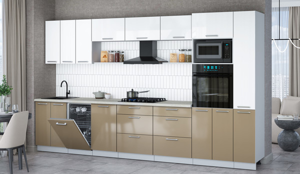 Изображение товара Кухонный гарнитур Интерлиния Мила Gloss 3.6-ПМ3 (капучино глянец/белый глянец/опал светлый)