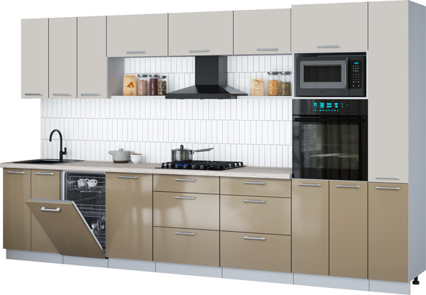 Изображение товара Кухонный гарнитур Интерлиния Мила Gloss 3.6-ПМ3 (капучино глянец/кашемир/травертин серый)