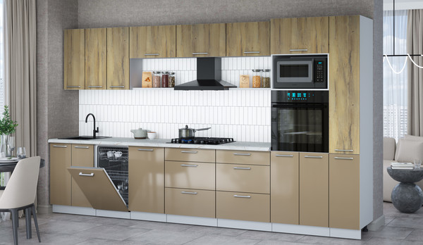 Изображение товара Кухонный гарнитур Интерлиния Мила Gloss 3.6-ПМ3 (капучино глянец/дуб вотан/серый каспий)