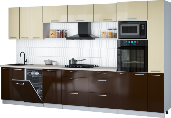 Изображение товара Кухонный гарнитур Интерлиния Мила Gloss 3.6-ПМ3 (шоколад глянец/ваниль глянец/травертин серый)