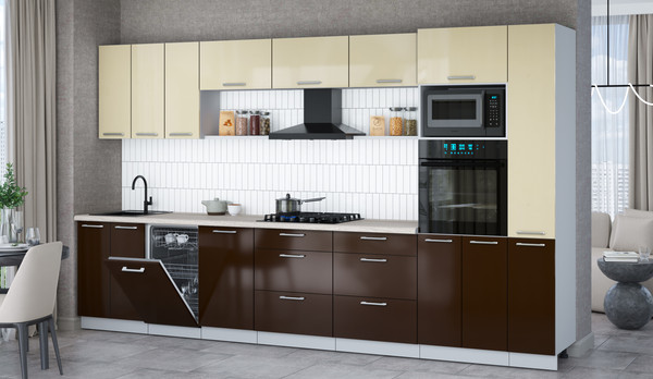 Изображение товара Кухонный гарнитур Интерлиния Мила Gloss 3.6-ПМ3 (шоколад глянец/ваниль глянец/травертин серый)