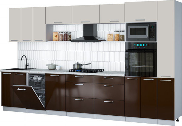 Изображение товара Кухонный гарнитур Интерлиния Мила Gloss 3.6-ПМ3 (шоколад глянец/кашемир/серый каспий)