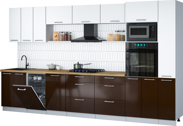 Изображение товара Кухонный гарнитур Интерлиния Мила Gloss 3.6-ПМ3 (шоколад глянец/белый/дуб бунратти)