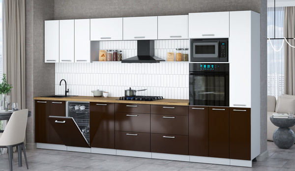 Изображение товара Кухонный гарнитур Интерлиния Мила Gloss 3.6-ПМ3 (шоколад глянец/белый/дуб бунратти)