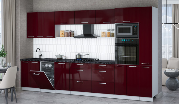 Изображение товара Кухонный гарнитур Интерлиния Мила Gloss 3.6-ПМ3 (бордовый глянец/бордовый глянец/кастилло темный)