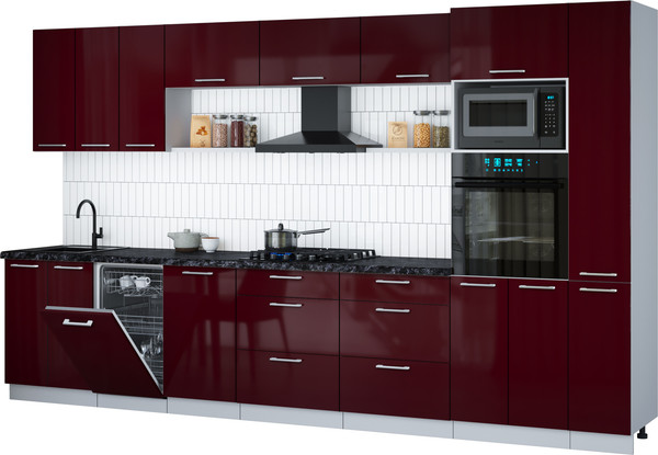 Изображение товара Кухонный гарнитур Интерлиния Мила Gloss 3.6-ПМ3 (бордовый глянец/бордовый глянец/кастилло темный)