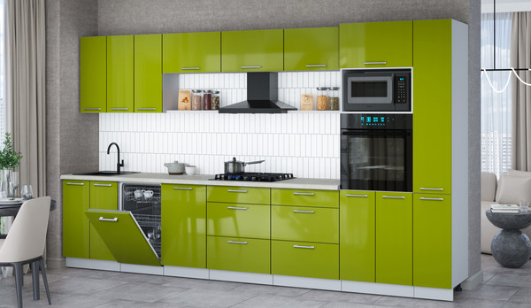 Изображение товара Кухонный гарнитур Интерлиния Мила Gloss 3.6-ПМ3 (яблоко глянец/яблоко глянец/опал светлый)