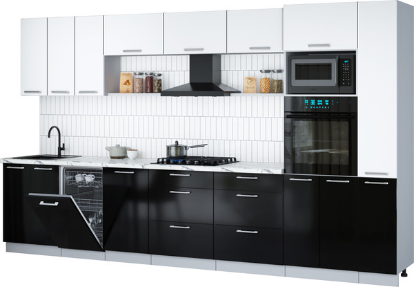Изображение товара Кухонный гарнитур Интерлиния Мила Gloss 3.6-ПМ3 (черный глянец/белый/белый гранит)