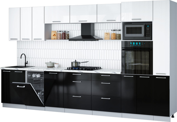 Изображение товара Кухонный гарнитур Интерлиния Мила Gloss 3.6-ПМ3 (черный глянец/белый глянец/белый гранит)