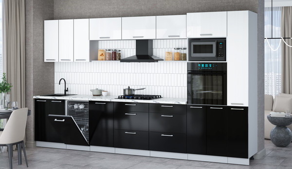 Изображение товара Кухонный гарнитур Интерлиния Мила Gloss 3.6-ПМ3 (черный глянец/белый глянец/белый гранит)