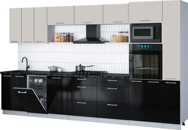 Изображение товара Кухонный гарнитур Интерлиния Мила Gloss 3.6-ПМ3 (черный глянец/кашемир/кастилло темный)