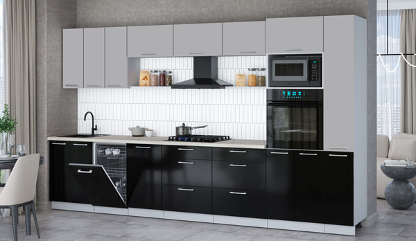 Изображение товара Кухонный гарнитур Интерлиния Мила Gloss 3.6-ПМ3 (черный глянец/грей/бискайская сосна)