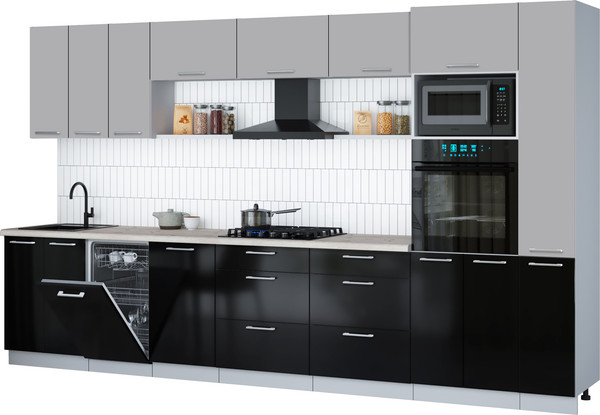 Изображение товара Кухонный гарнитур Интерлиния Мила Gloss 3.6-ПМ3 (черный глянец/грей/бискайская сосна)