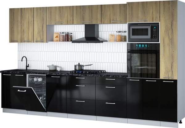 Изображение товара Кухонный гарнитур Интерлиния Мила Gloss 3.6-ПМ3 (черный глянец/дуб вотан/кастилло темный)