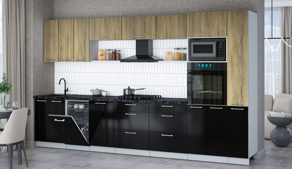 Изображение товара Кухонный гарнитур Интерлиния Мила Gloss 3.6-ПМ3 (черный глянец/дуб вотан/кастилло темный)