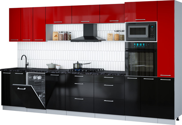 Изображение товара Кухонный гарнитур Интерлиния Мила Gloss 3.6-ПМ3 (черный глянец/красный глянец/кастилло темный)