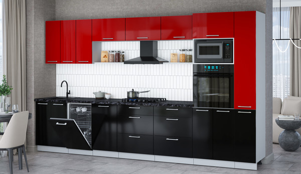 Изображение товара Кухонный гарнитур Интерлиния Мила Gloss 3.6-ПМ3 (черный глянец/красный глянец/кастилло темный)