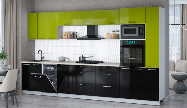 Изображение товара Кухонный гарнитур Интерлиния Мила Gloss 3.6-ПМ3 (черный глянец/яблоко глянец/травертин серый)