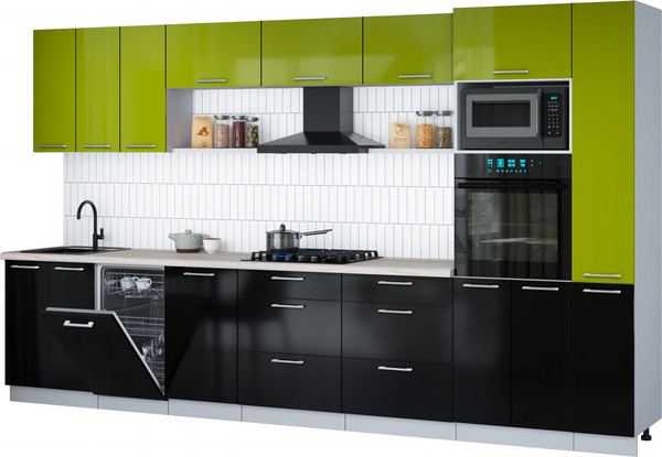 Изображение товара Кухонный гарнитур Интерлиния Мила Gloss 3.6-ПМ3 (черный глянец/яблоко глянец/травертин серый)