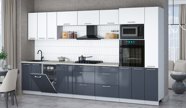 Изображение товара Кухонный гарнитур Интерлиния Мила Gloss 3.6-ПМ3 (асфальт глянец/белый/опал светлый)