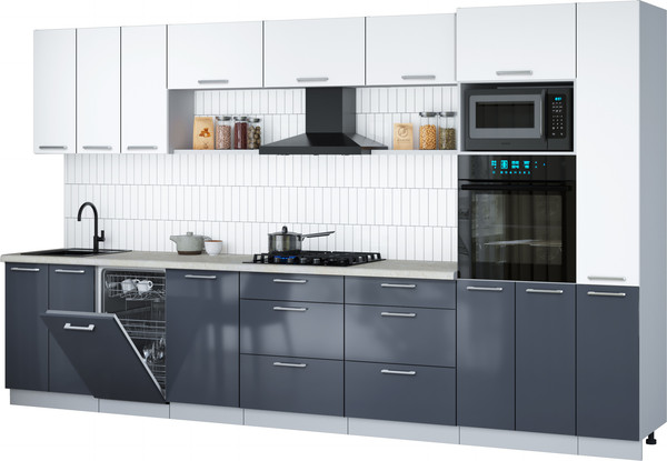 Изображение товара Кухонный гарнитур Интерлиния Мила Gloss 3.6-ПМ3 (асфальт глянец/белый/опал светлый)