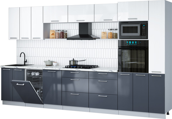 Изображение товара Кухонный гарнитур Интерлиния Мила Gloss 3.6-ПМ3 (асфальт глянец/белый глянец/белый гранит)