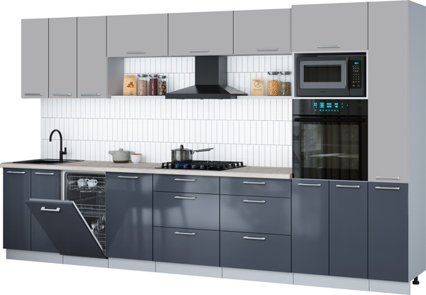Изображение товара Кухонный гарнитур Интерлиния Мила Gloss 3.6-ПМ3 (асфальт глянец/грей/бискайская сосна)
