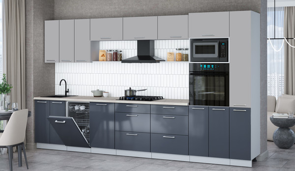 Изображение товара Кухонный гарнитур Интерлиния Мила Gloss 3.6-ПМ3 (асфальт глянец/грей/бискайская сосна)
