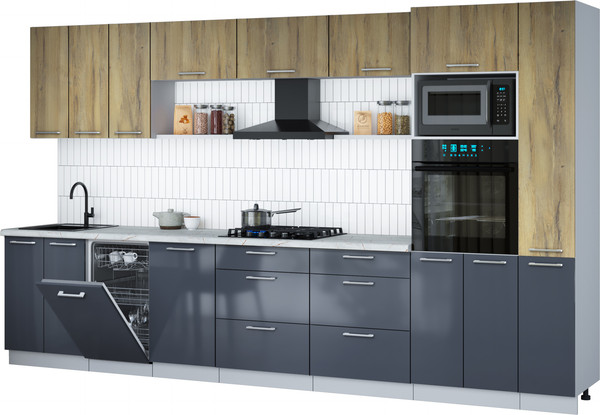 Изображение товара Кухонный гарнитур Интерлиния Мила Gloss 3.6-ПМ3 (асфальт глянец/дуб вотан/серый каспий)