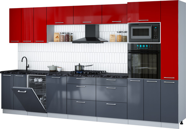 Изображение товара Кухонный гарнитур Интерлиния Мила Gloss 3.6-ПМ3 (асфальт глянец/красный глянец/кастилло темный)