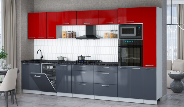 Изображение товара Кухонный гарнитур Интерлиния Мила Gloss 3.6-ПМ3 (асфальт глянец/красный глянец/кастилло темный)