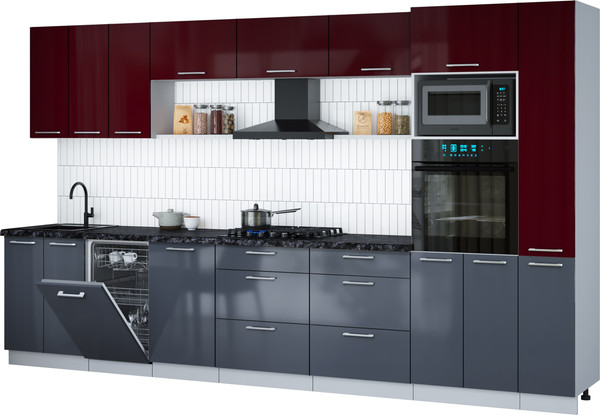 Изображение товара Кухонный гарнитур Интерлиния Мила Gloss 3.6-ПМ3 (асфальт глянец/бордовый глянец/кастилло темный)