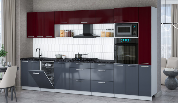 Изображение товара Кухонный гарнитур Интерлиния Мила Gloss 3.6-ПМ3 (асфальт глянец/бордовый глянец/кастилло темный)