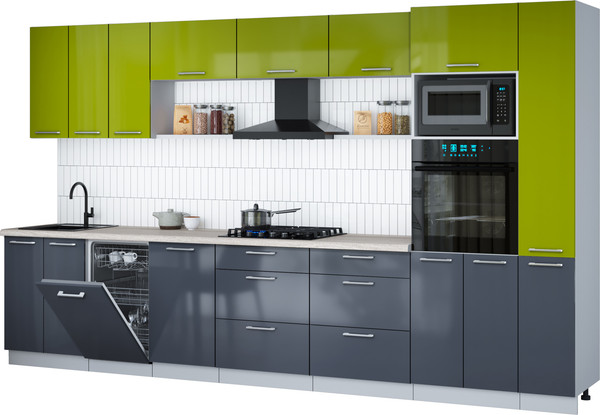 Изображение товара Кухонный гарнитур Интерлиния Мила Gloss 3.6-ПМ3 (асфальт глянец/яблоко глянец/травертин серый)