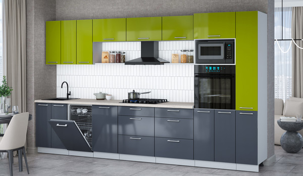 Изображение товара Кухонный гарнитур Интерлиния Мила Gloss 3.6-ПМ3 (асфальт глянец/яблоко глянец/травертин серый)