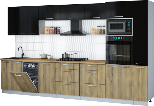 Изображение товара Кухонный гарнитур Интерлиния Мила Gloss 3.6-ПМ3 (дуб вотан/черный глянец/дуб бунратти)