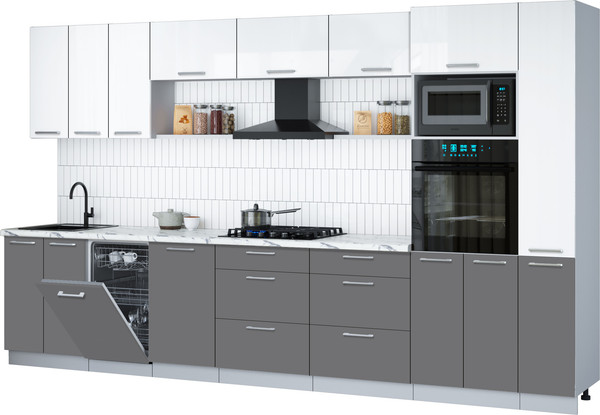 Изображение товара Кухонный гарнитур Интерлиния Мила Gloss 3.6-ПМ3 (серый/белый глянец/белый гранит)