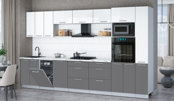 Изображение товара Кухонный гарнитур Интерлиния Мила Gloss 3.6-ПМ3 (серый/белый глянец/белый гранит)