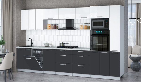 Изображение товара Кухонный гарнитур Интерлиния Мила Gloss 3.6-ПМ3 (пепел/белый глянец/серый каспий)