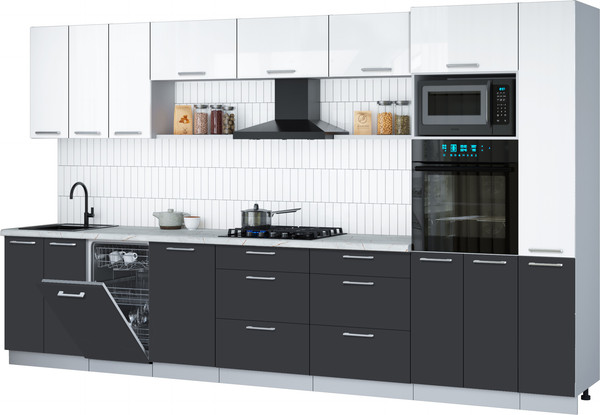 Изображение товара Кухонный гарнитур Интерлиния Мила Gloss 3.6-ПМ3 (пепел/белый глянец/серый каспий)