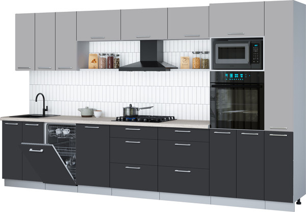 Изображение товара Кухонный гарнитур Интерлиния Мила Gloss 3.6-ПМ3 (пепел/грей/травертин серый)