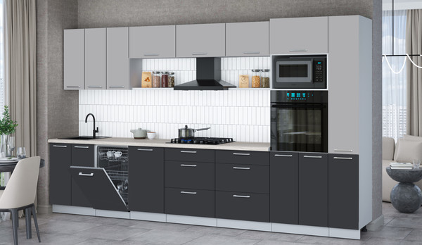 Изображение товара Кухонный гарнитур Интерлиния Мила Gloss 3.6-ПМ3 (пепел/грей/травертин серый)