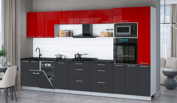 Изображение товара Кухонный гарнитур Интерлиния Мила Gloss 3.6-ПМ3 (пепел/красный глянец/кастилло темный)