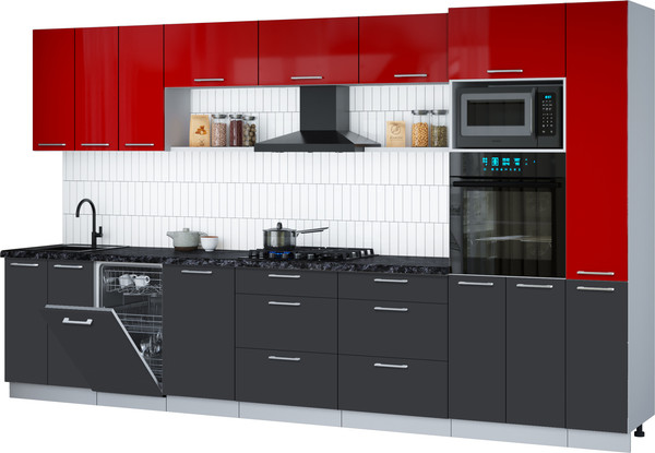 Изображение товара Кухонный гарнитур Интерлиния Мила Gloss 3.6-ПМ3 (пепел/красный глянец/кастилло темный)