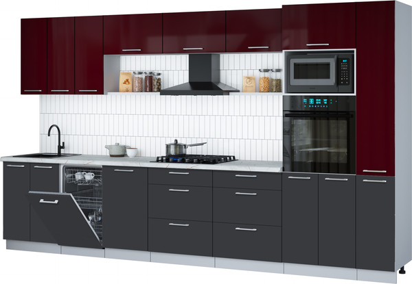 Изображение товара Кухонный гарнитур Интерлиния Мила Gloss 3.6-ПМ3 (пепел/бордовый глянец/серый каспий)