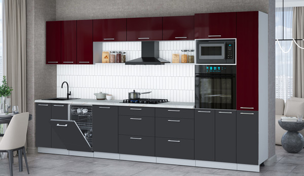 Изображение товара Кухонный гарнитур Интерлиния Мила Gloss 3.6-ПМ3 (пепел/бордовый глянец/серый каспий)