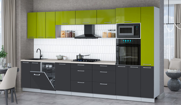 Изображение товара Кухонный гарнитур Интерлиния Мила Gloss 3.6-ПМ3 (пепел/яблоко глянец/травертин серый)